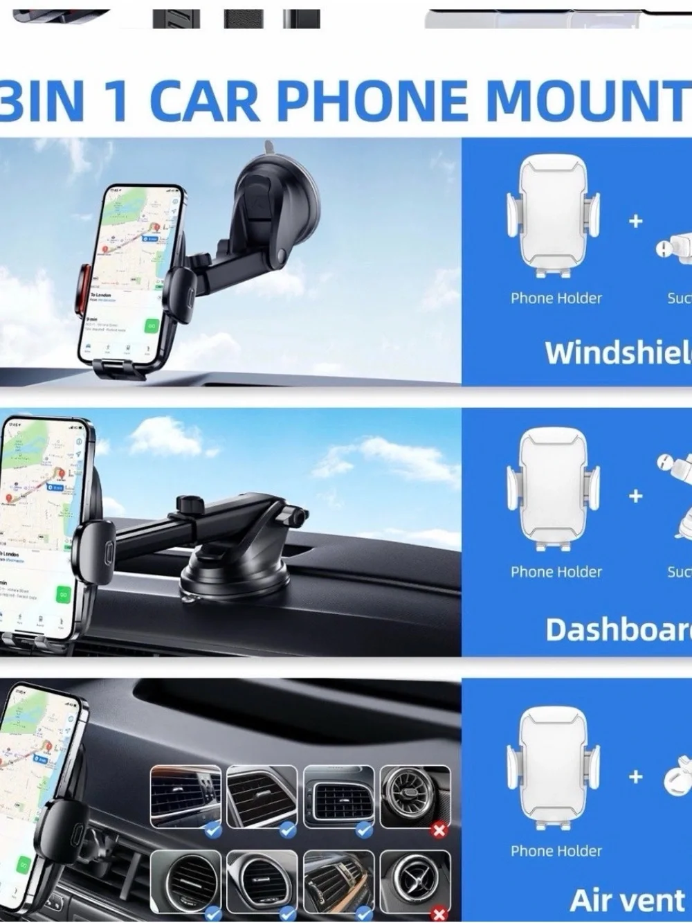 3-in-1 Universal Car Phone Mount – Dashboard, Windshield & Air Vent Holde